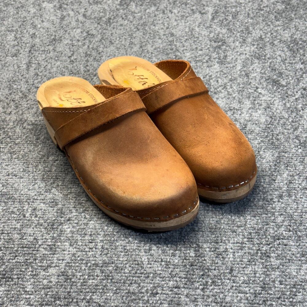 Lotta’s From Stockholm Swedish Brown Leather Wood Clogs Mule Womens EU36 US6